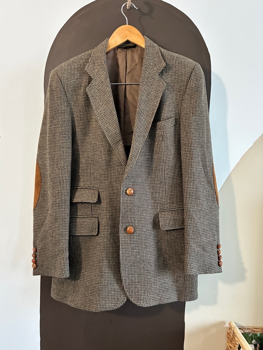 Vintage Haggar 100% Wool Tweed Blazer Leather Elbow Patches Made USA